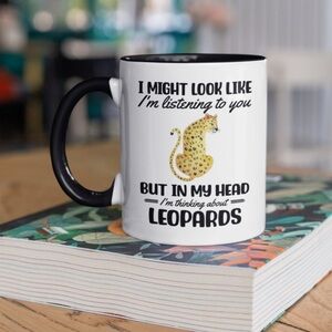 Leopard Lover Coffee Mug NIB I Might Look Like I’m listening 🐆 White + Black